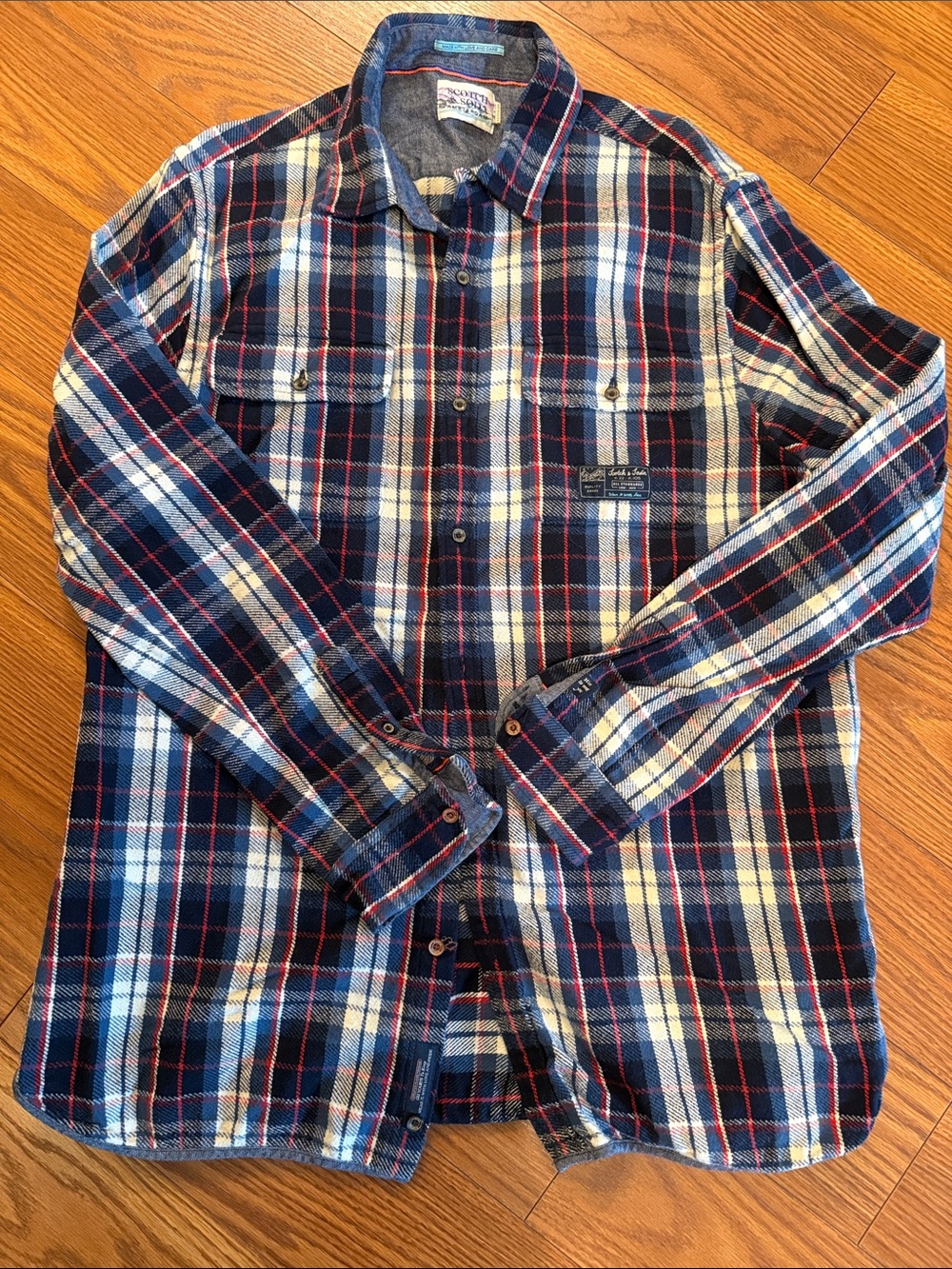 Scotch & Soda Men’s Navy, White & Red Plaid Button-Down Shirt XXL